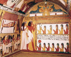 Imagen del interior de una tumba egipcia-expresa unos simbolos del viaje del Alma hasta su union con Dios